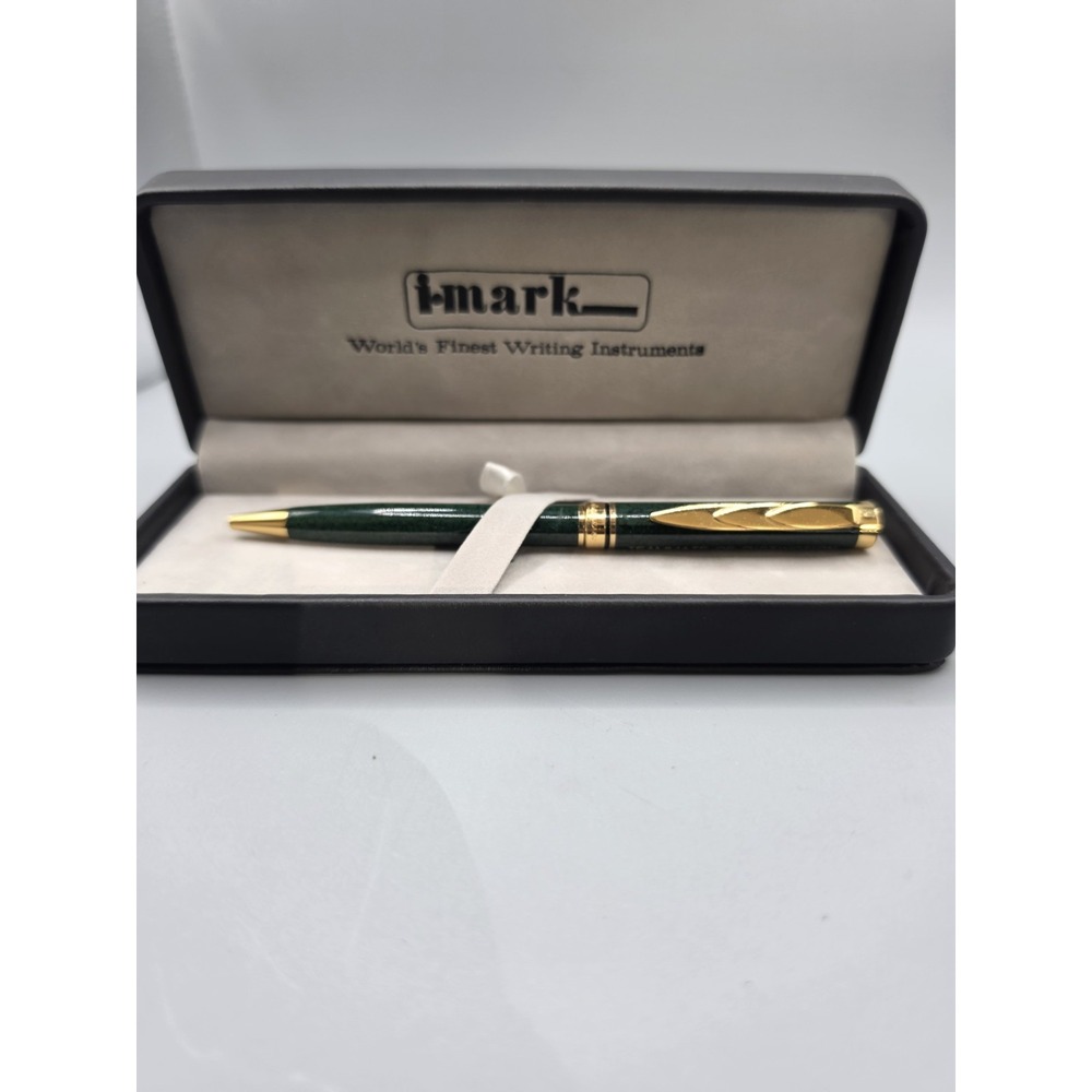 i-Mark Green Marbled Ballpoint Pen Gold Tone Trim Original Presentation Case - Picture 1 of 9